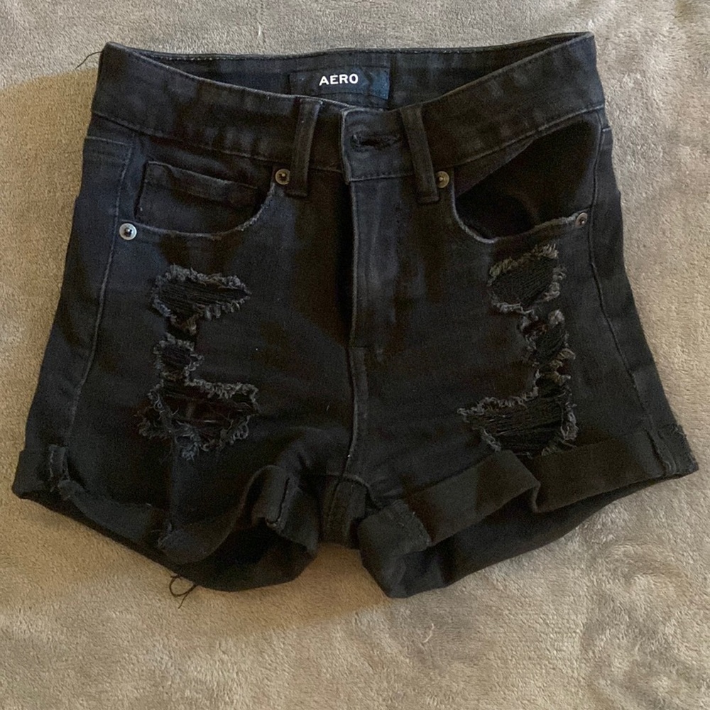 High rise black ripped jean shorts